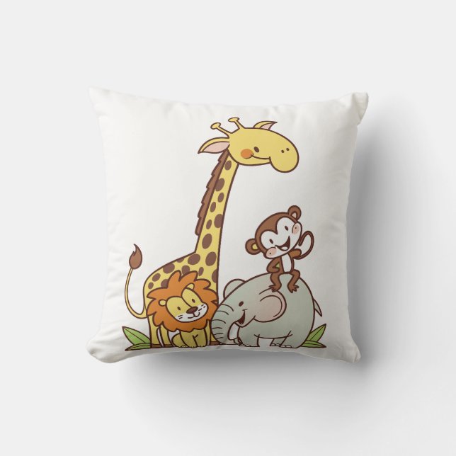 Cute Cartoon Animals – Giraffe, Lion & Monkey Throw Pillow (Front)