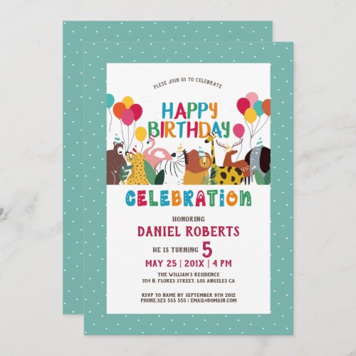 Cute cartoon animals kids Happy Birthday party Invitation