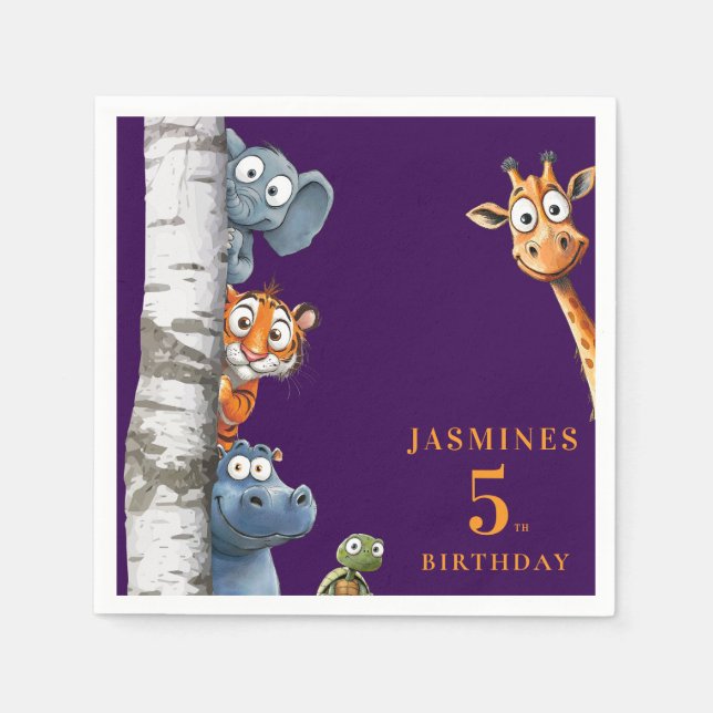 Cute Cartoon Animals Peek-a-Boo any Birthday  Napkins (Front)