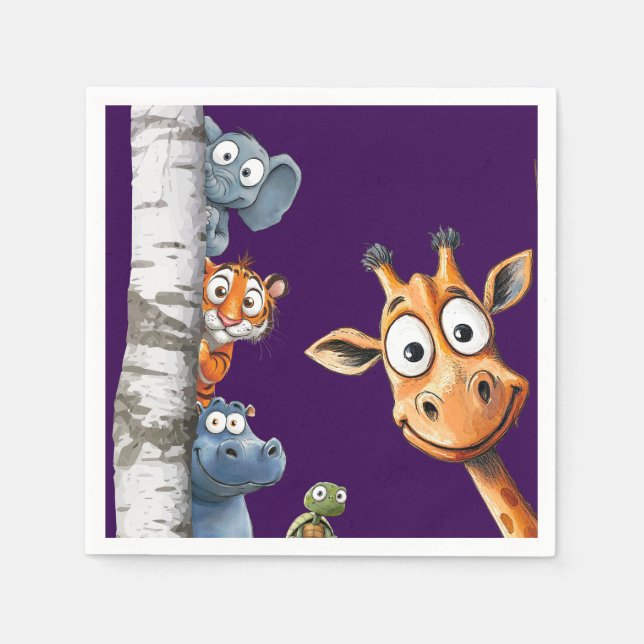 Cute Cartoon Animals Peek-a-Boo any Birthday  Napkins (Front)
