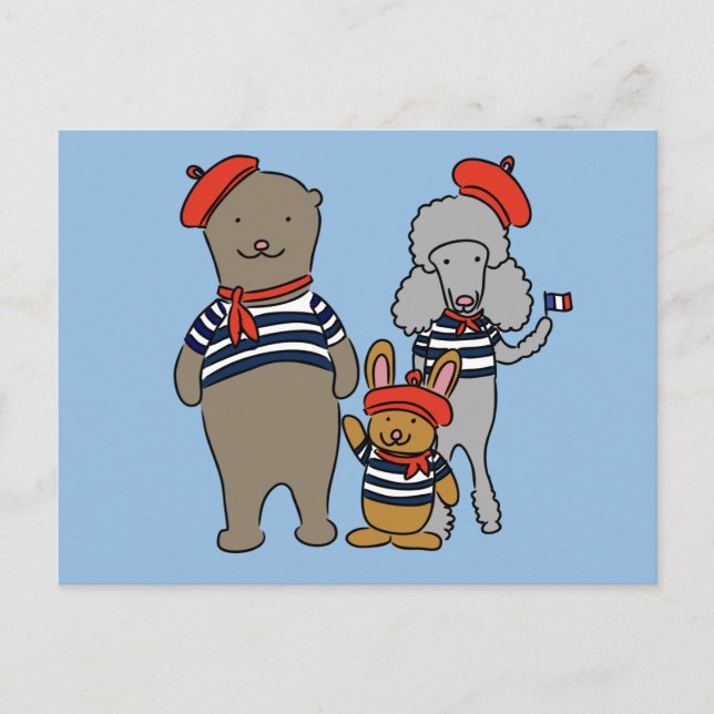 Cute Cartoon Animals Wearing French Clothing Postcard (Front)