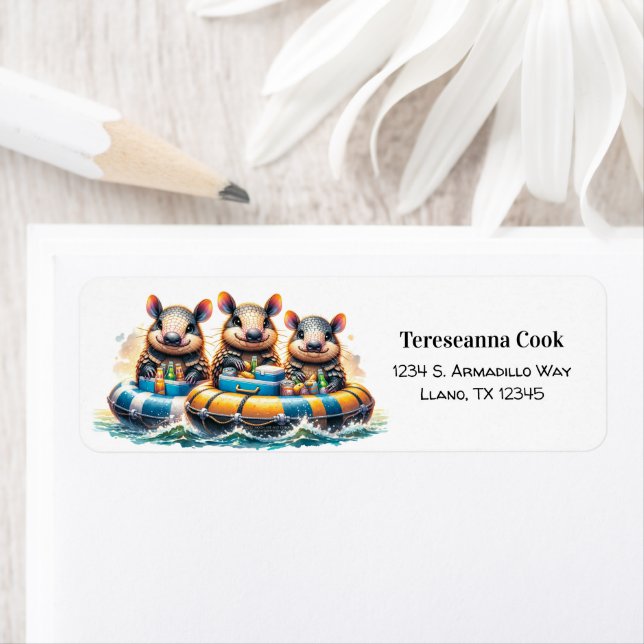 Cute Cartoon Armadillos Having Fun Tubing On River Label (Insitu)
