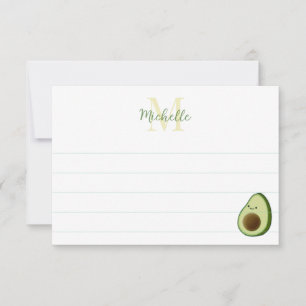 Cute Cartoon Avocado Custom Monogram Lined Note Card