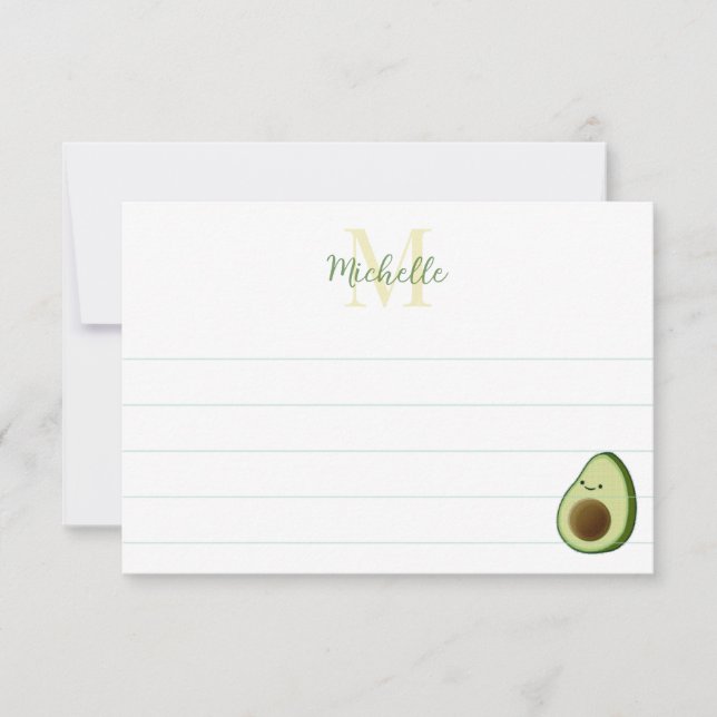 Cute Cartoon Avocado Custom Monogram Lined Note Card (Front)