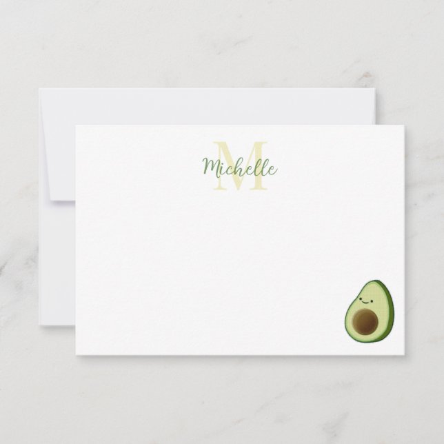 Cute Cartoon Avocado Custom Monogram Note Card (Front)