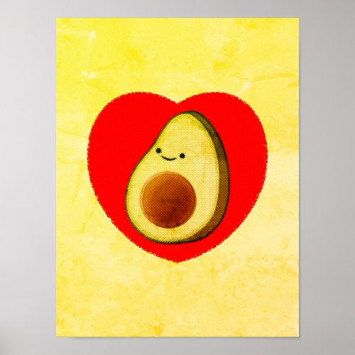 Cute Cartoon Avocado In Red Heart Painting Poster