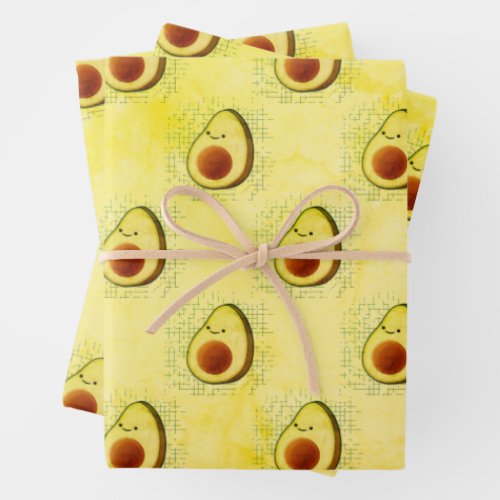 Cute Cartoon Avocado On Distressed Background  Wrapping Paper Sheets