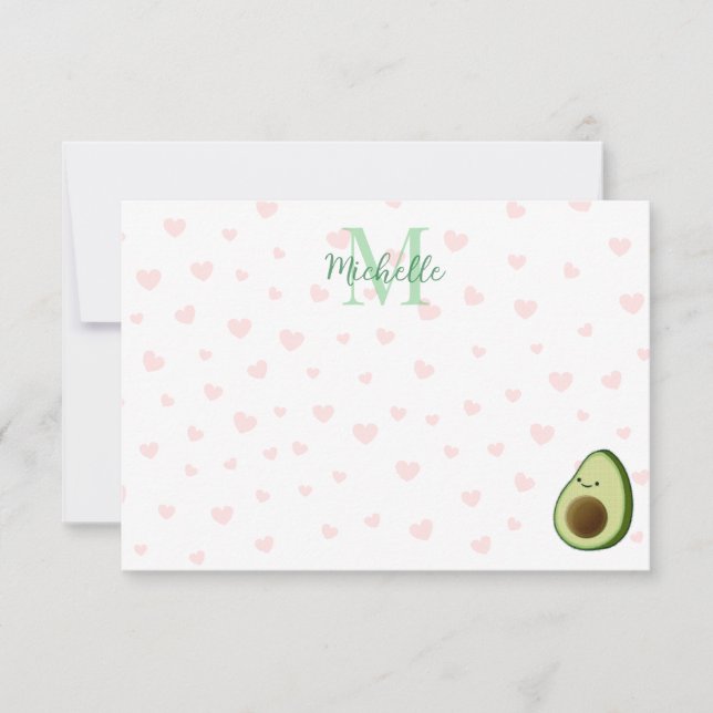 Cute Cartoon Avocado Personalized Monogram Note Card (Front)