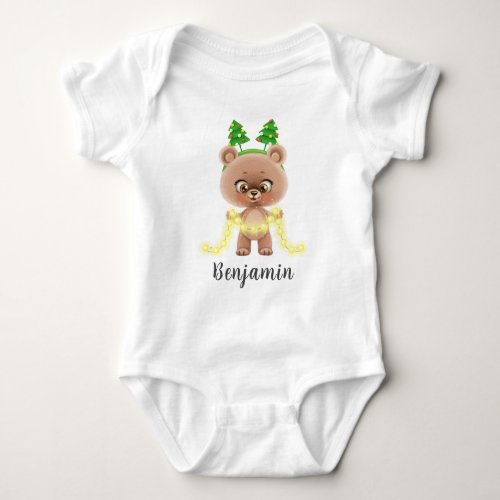 Cute cartoon baby bear in hoop with Christmas tree Baby Bodysuit