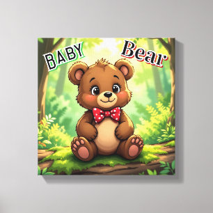 Cute Cartoon Baby Bear in Woods Canvas Print