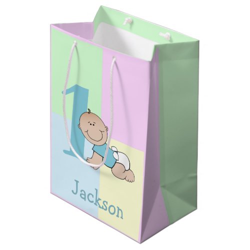 Cute Cartoon Baby Boy 1st Birthday Medium Gift Bag