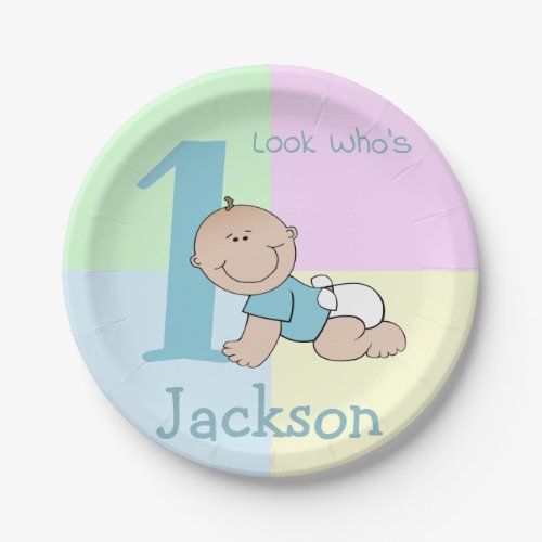 Cute Cartoon Baby Boy 1st Birthday Paper Plates