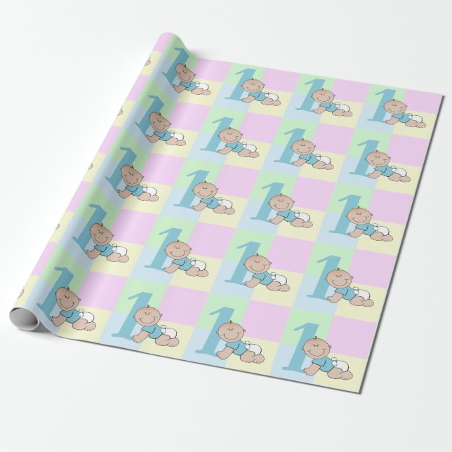 Cute Cartoon Baby Boy 1st Birthday Wrapping Paper (Unrolled)