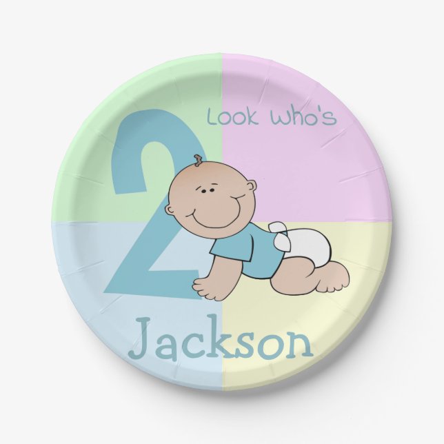 Cute Cartoon Baby Boy 2nd Birthday Paper Plates (Front)
