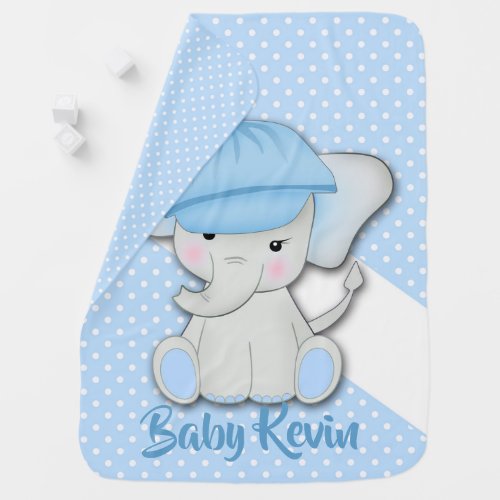 Cute cartoon baby elephant on a blue white polka baby blanket