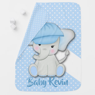 Cute cartoon baby elephant on a blue white polka blanket