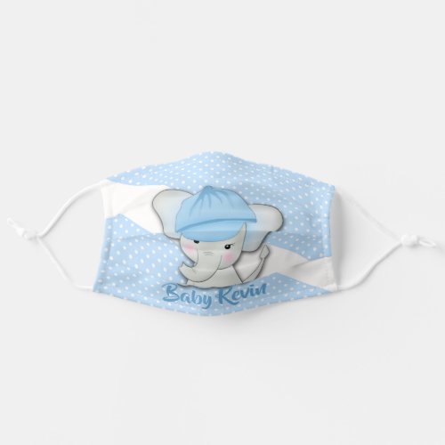 Cute cartoon baby elephant on a blue white polka d adult cloth face mask