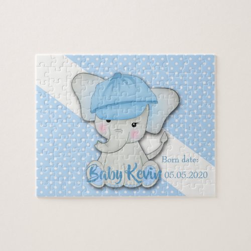 Cute cartoon baby elephant on a blue white polka jigsaw puzzle