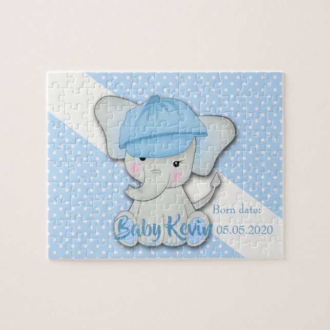 Cute cartoon baby elephant on a blue white polka jigsaw puzzle (Horizontal)
