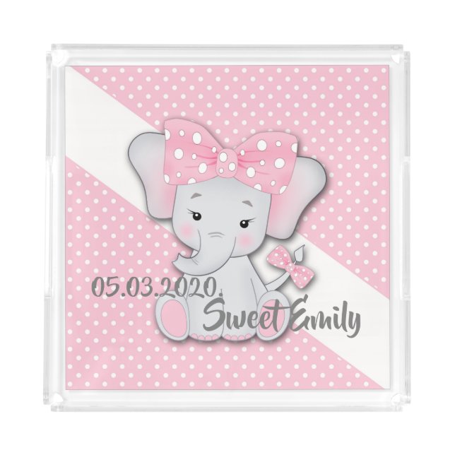 Cute cartoon baby elephant on a pink white polka acrylic tray (Front)