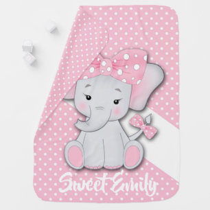 Cute cartoon baby elephant on a pink white polka blanket