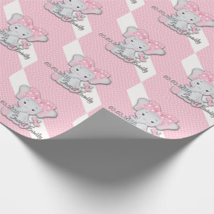 Cute cartoon baby elephant on a pink white polka wrapping paper