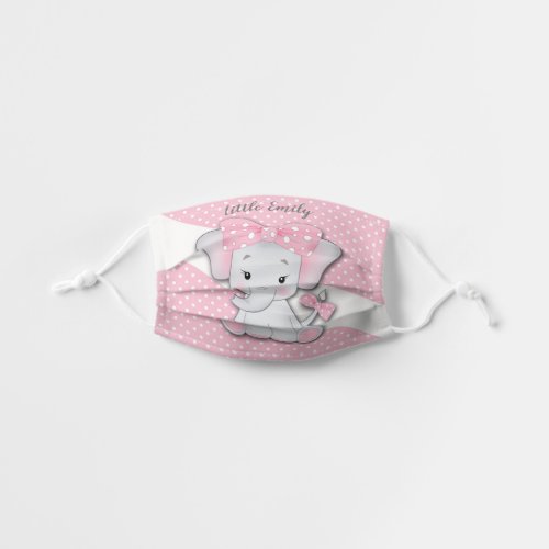 Cute cartoon baby elephant on pink with white polk kids cloth face mask