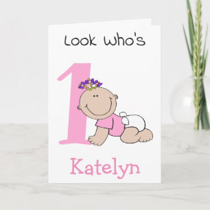 Cute Cartoon Baby Girl 1st Birthday Card