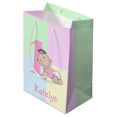 Cute Cartoon Baby Girl 1st Birthday Medium Gift Bag