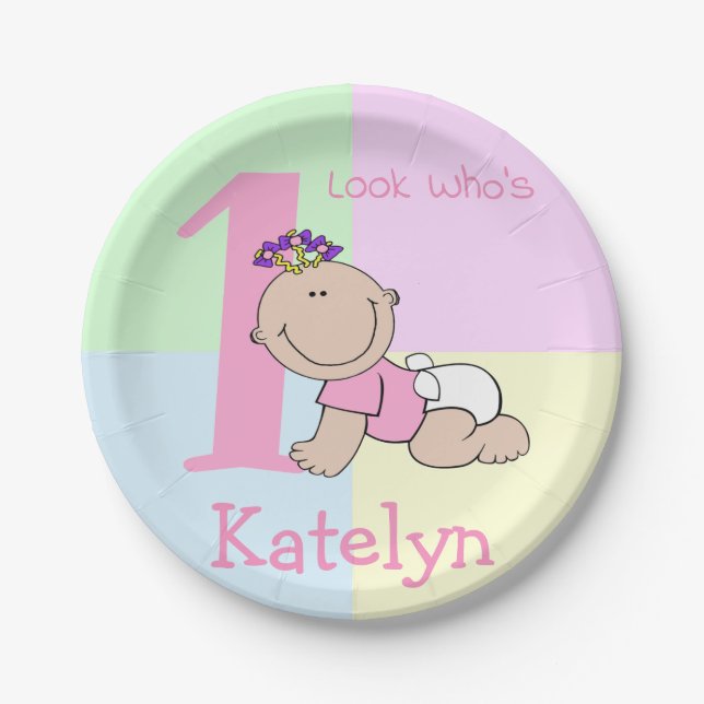 Cute Cartoon Baby Girl 1st Birthday Paper Plates (Front)