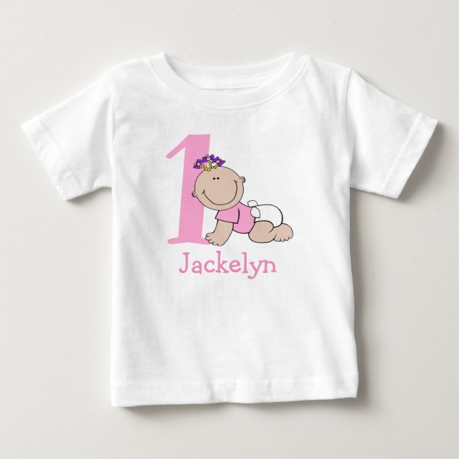 Cute Cartoon Baby Girl 1st Birthday T-Shirt (Front)