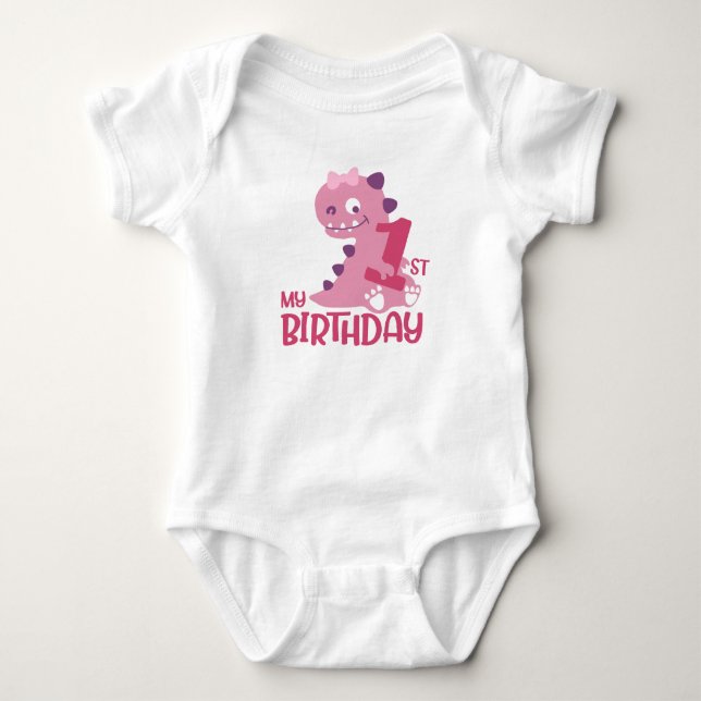 Cute Cartoon Baby Girl Dinosaurs 1st Birthday  Bodysuit (Front)
