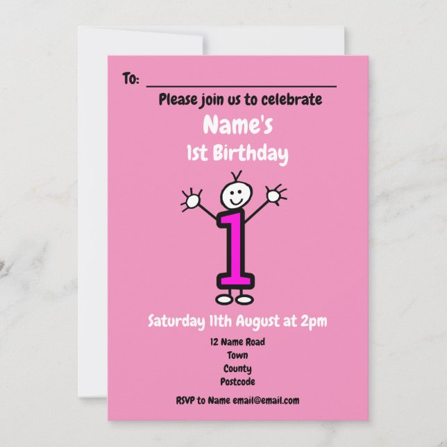 Cute Cartoon Baby Girl First Birthday Pink Party Invitation (Front)