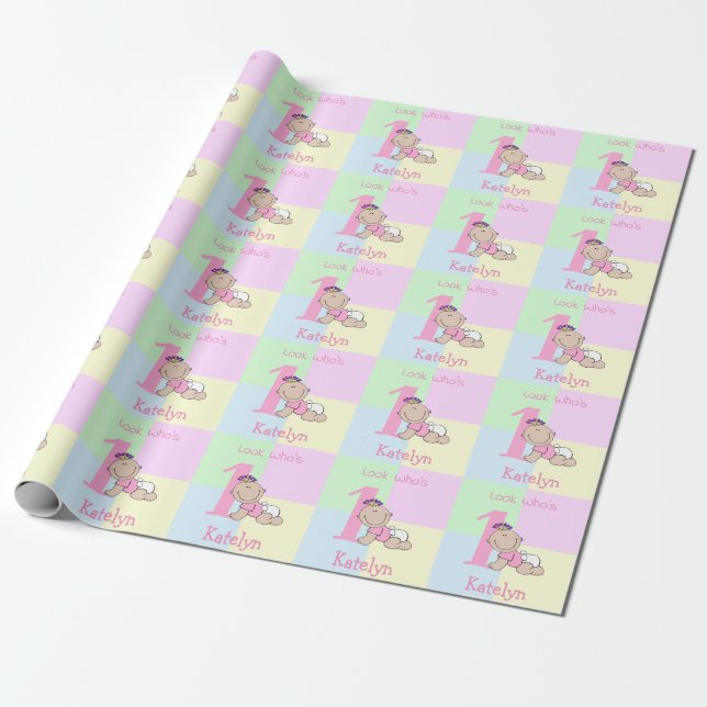Cute Cartoon Baby Girl Pink 1st Birthday Wrapping Paper (Unrolled)
