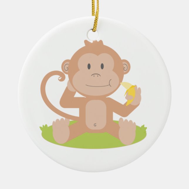 Cute Cartoon Baby Monkey Sitting and Eating Banana Ceramic Ornament (Front)