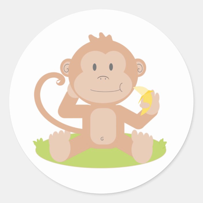 Cute Cartoon Baby Monkey Sitting And Eating Banana Classic Round Sticker Zazzle Com