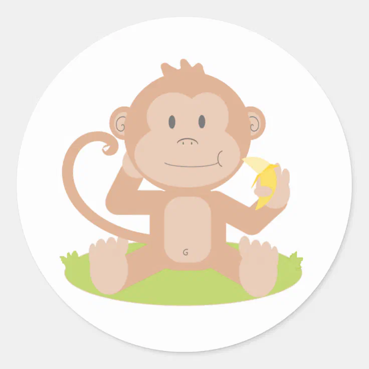 Cute Cartoon Baby Monkey Sitting and Eating Banana Classic Round Sticker |  Zazzle