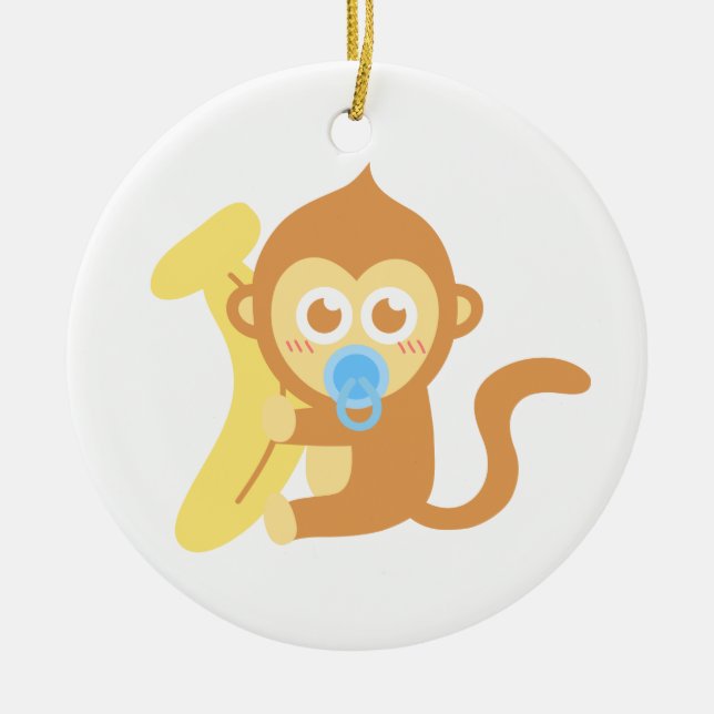 Cute Cartoon Baby Monkey with Banana Ceramic Ornament (Front)