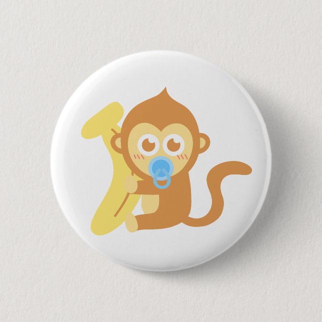 Cute Cartoon Baby Monkey with Banana Pinback Button (Front)