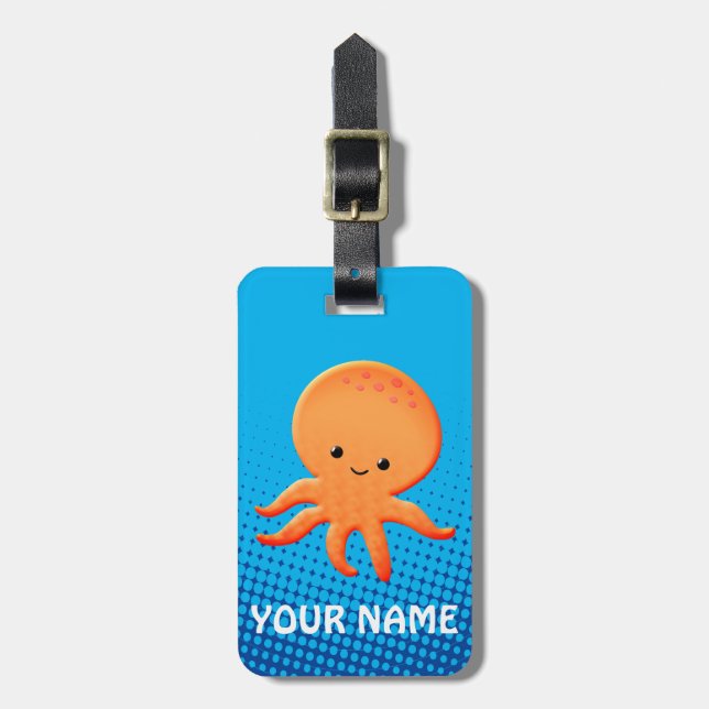 Cute Cartoon Baby Octopus Blue Ocean Luggage Tag (Front Vertical)