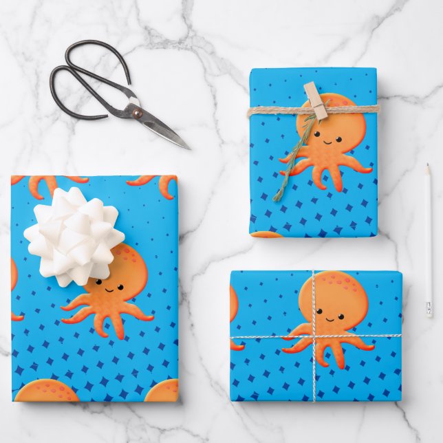 Cute Cartoon Baby Octopus Blue Ocean Wrapping Paper Sheets (Front)