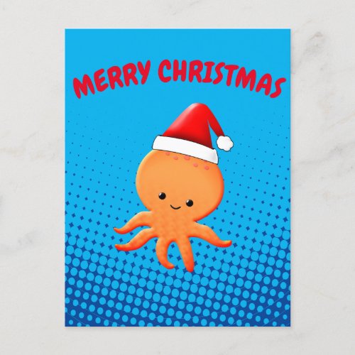 Cute Cartoon Baby Octopus Santas Christmas Hat Holiday Postcard