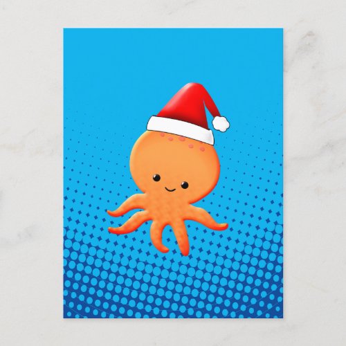 Cute Cartoon Baby Octopus Santas Christmas Hat Holiday Postcard