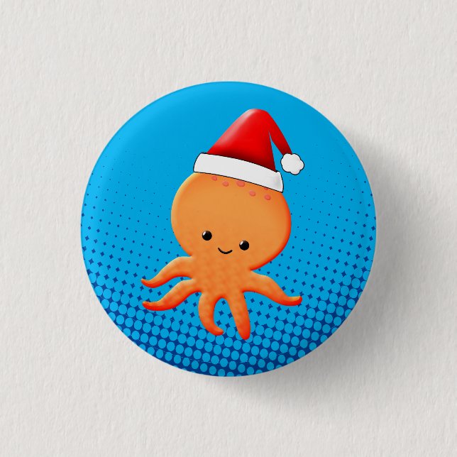 Cute Cartoon Baby Octopus Santas Hat Button (Front)