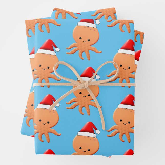 Cute Cartoon Baby Octopus Santas Hat Wrapping Paper Sheets (In situ)