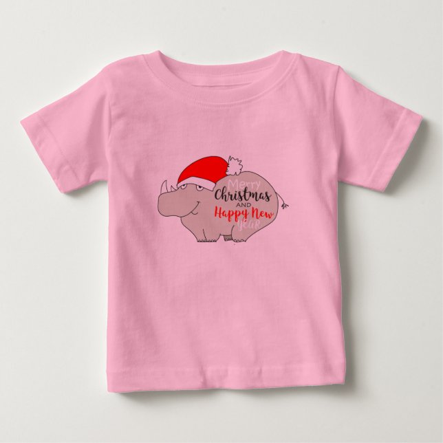 Cute Cartoon Baby Rhino Funny Pink Merry Christmas Baby T-Shirt (Front)