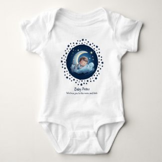 Cute Cartoon Baby Sleeping on Half Moon Cloud Blue