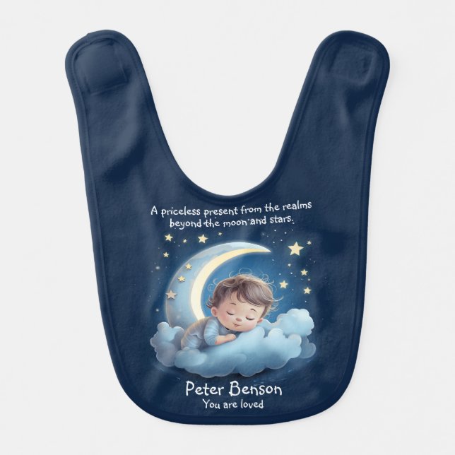 Cute Cartoon Baby Sleeping on Half Moon Cloud Blue Bib (Front)