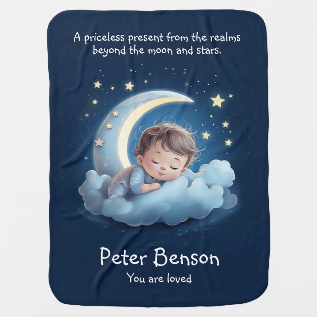 Cute Cartoon Baby Sleeping on Half Moon Cloud Blue Blanket (Front)