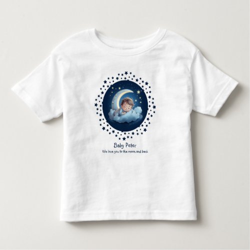 Cute Cartoon Baby Sleeping on Half Moon Cloud Blue Toddler T_shirt